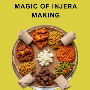 A large, round platter of Ethiopian food, featuring various colorful stews and vegetables arranged on a base of injera bread. In the center is a pile of white cheese, and rolled pieces of injera are placed around the edge of the dish against a solid yellow-green background.